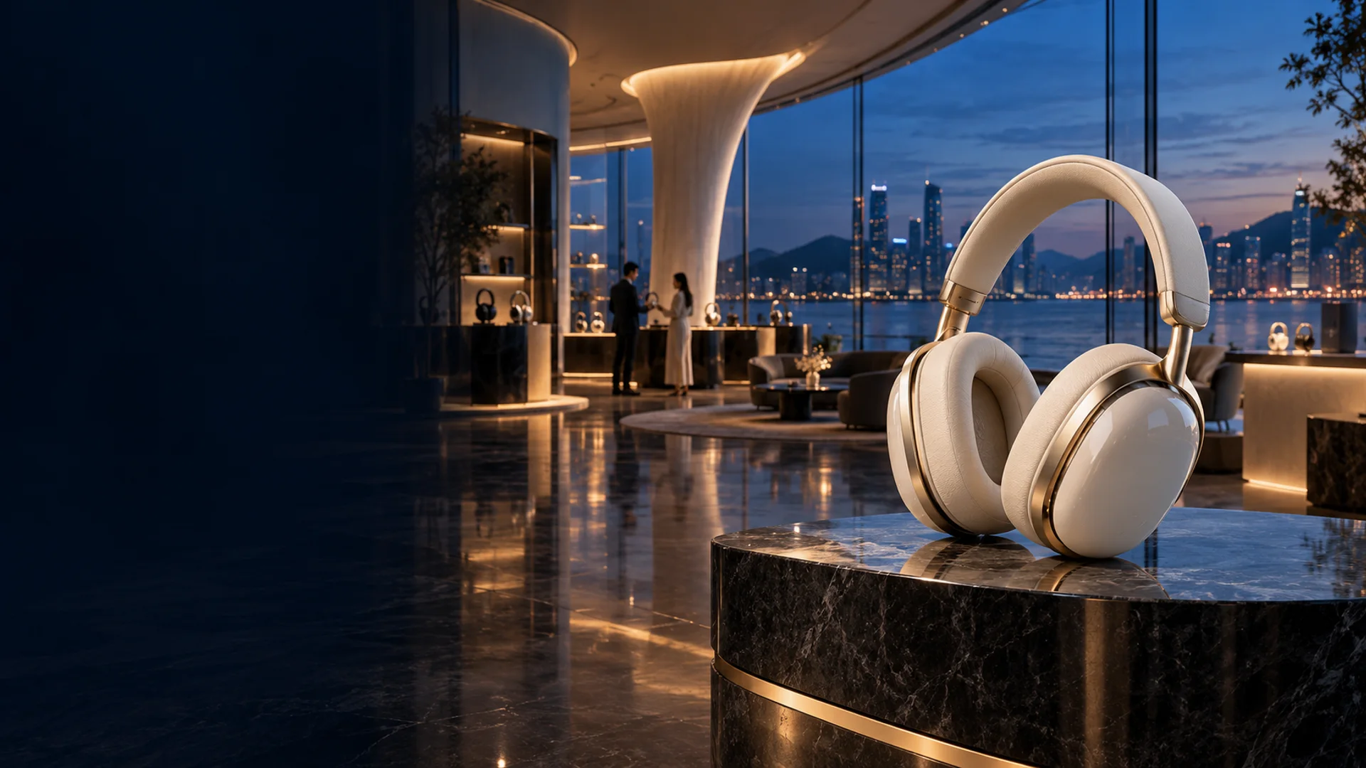 Pearl and champagne-gold headphones displayed in a cinematic waterfront showroom.
