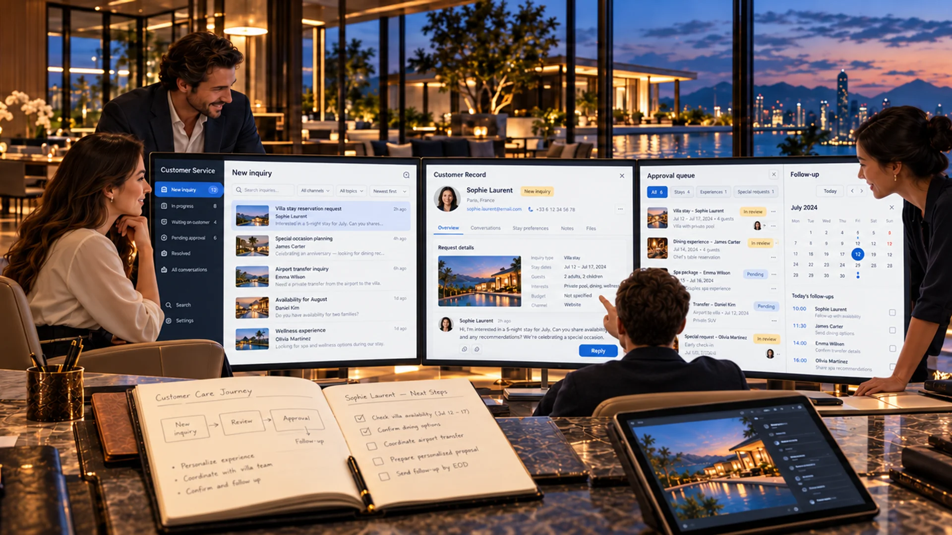 A human team coordinates customer service and business operations in a refined glass studio.