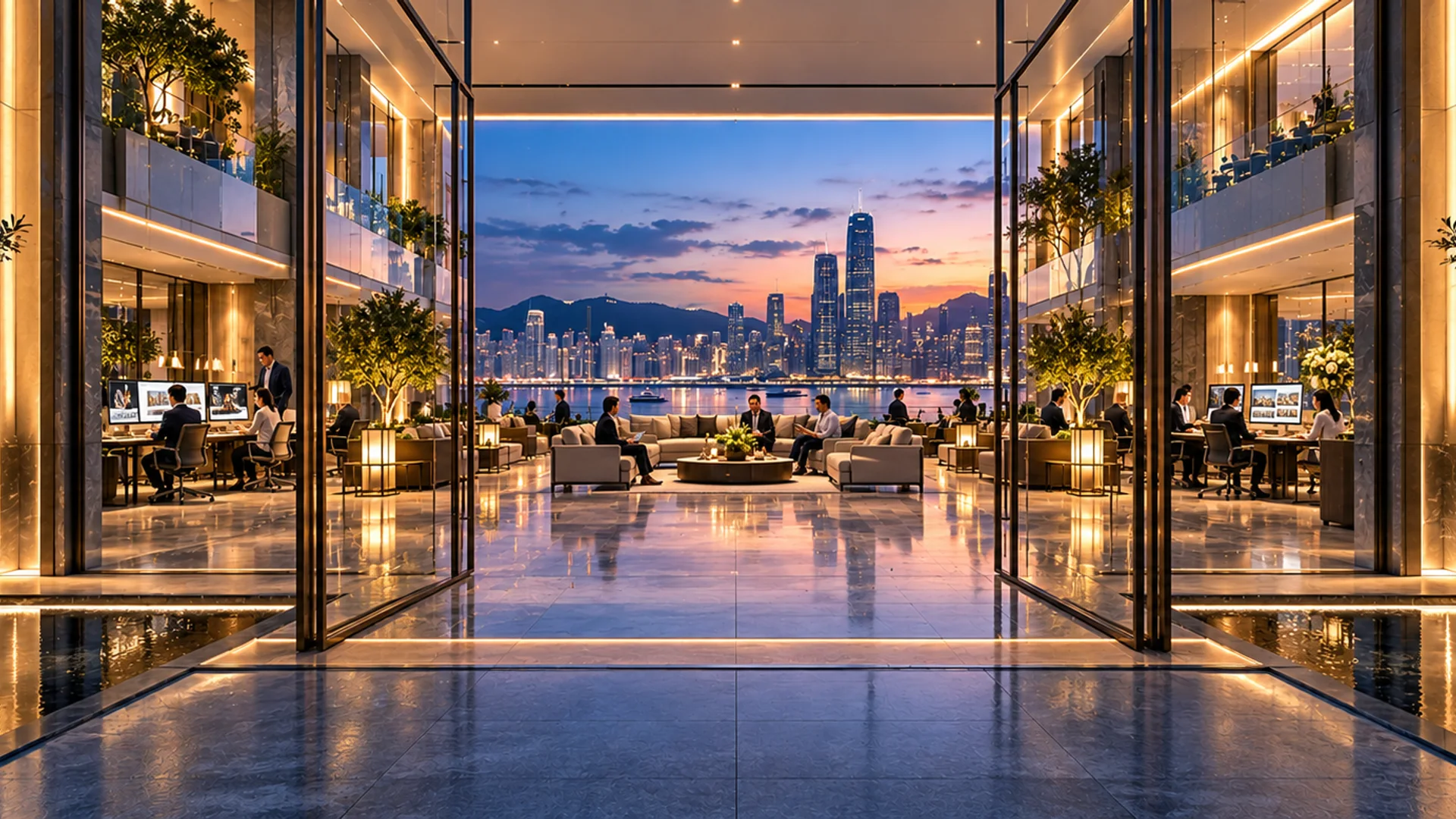An open architectural gateway reveals a connected business environment and illuminated waterfront skyline.