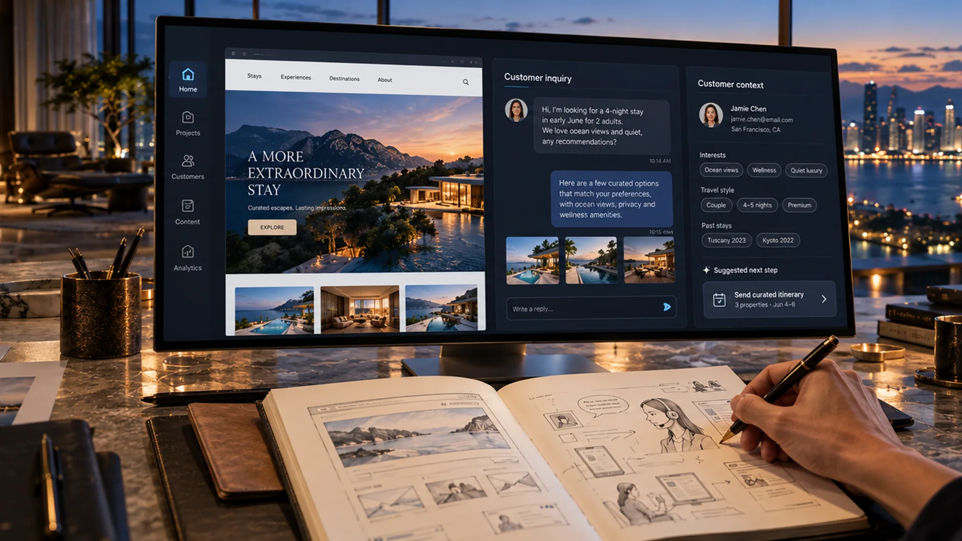 An AI-assisted customer workspace in a premium waterfront business studio.