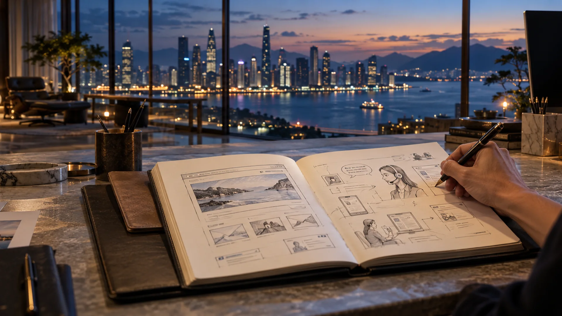 A designer sketches a purposeful business experience in a waterfront creative atelier.