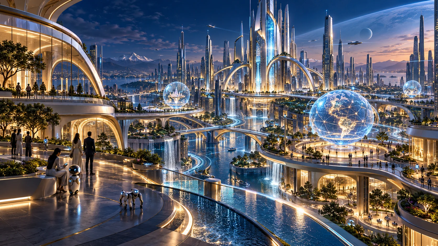 Conceptual blue-and-gold future city with luminous architecture, intelligent robotics and connected digital environments