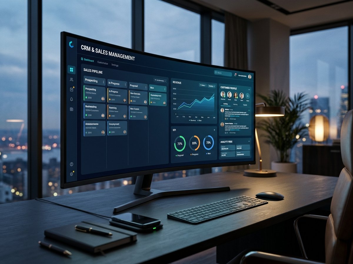 Illustrative CRM interface showing sales stages, customer records and reporting on a desktop monitor