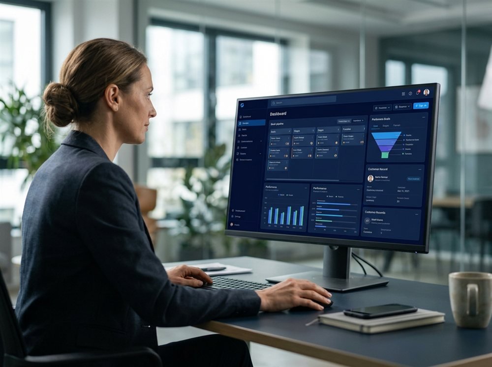 Professional reviewing a customer management system