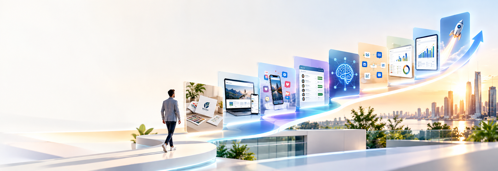 A business owner follows a rising pathway through brand identity, website experiences, customer management, AI, automation and analytics toward business growth and a city skyline
