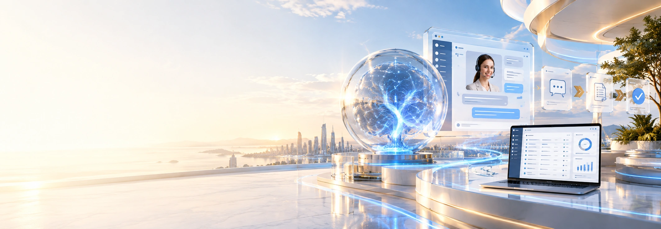 A luminous glass AI core connects a customer service assistant, automated inquiry workflows and a business operations laptop on a sunlit terrace