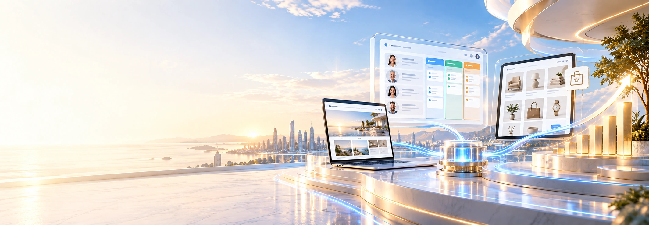A business website, customer relationship dashboard and online store connect through blue light pathways to a rising gold growth chart